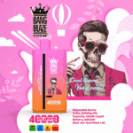 Promotional image for Bang Blaze Color vape featuring a pink and orange disposable vape device in the foreground, surrounded by text highlighting features like 40,000 puffs, 40ml e-liquid capacity, and dual mesh coil, with a cartoon character in a suit and a playful, pink background decorated with clouds and a hot air balloon.