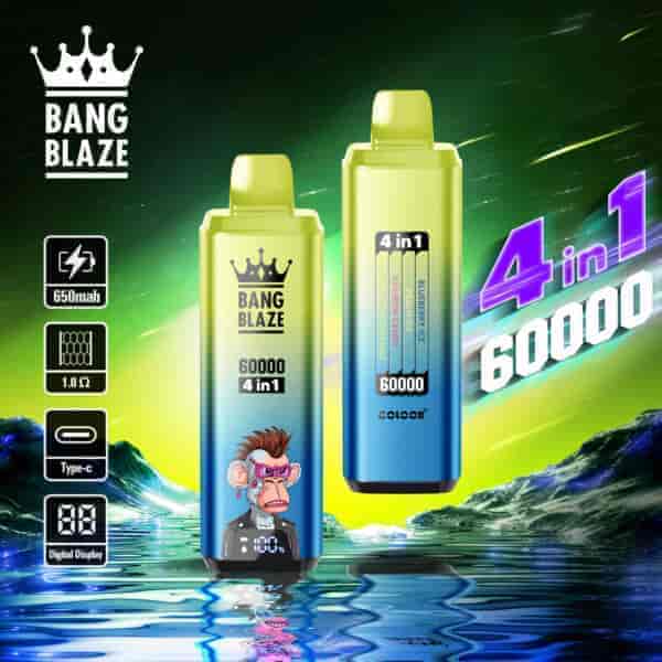 Werbebild für den Bang Blaze 4-in-1-Einweg-Vaporizer mit zwei farbenfrohen Verdampfergeräten, Produktspezifikationen und einem digitalen Display vor einem lebendigen, futuristischen Hintergrund mit Wasser und Bergen.