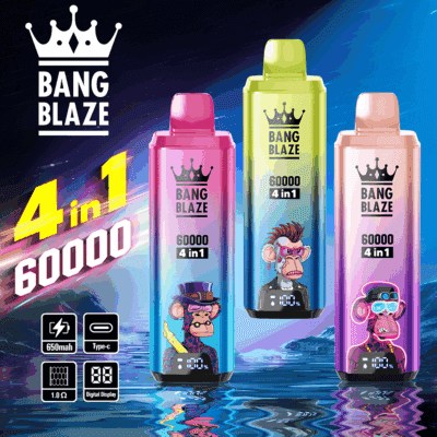 Tre färgglada Bang Blaze vape-enheter med tecknad apadesign, digitala displayer och textmarkeringsfunktioner som 4-i-1, 60 000 puffar, 650 mAh batteri och Type-C-laddning, mot en futuristisk, neonupplyst bakgrund.