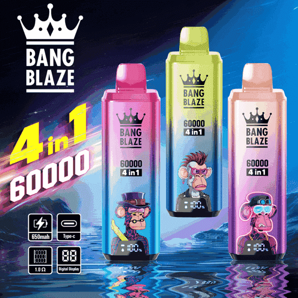 Drei farbenfrohe Bang Blaze Vape-Geräte mit Cartoon-Affen-Designs, digitalen Displays und Text, der Funktionen wie 4-in-1, 60000 Züge, 650mAh Akku und Typ-C-Ladung hervorhebt, vor einem futuristischen, neonbeleuchteten Hintergrund.