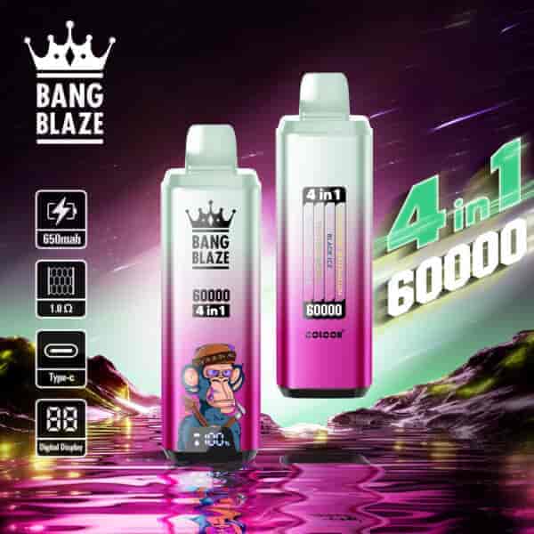 Werbebild für Bang Blaze 4 in 1 60000 Vape-Geräte, das zwei bunte Vapes, Batterie- und Funktionssymbole und einen neonfarbenen Landschaftshintergrund zeigt.