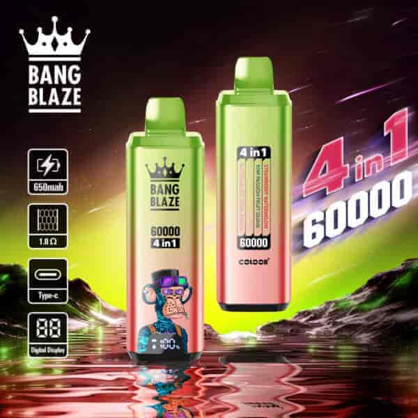 Zwei Bang Blaze 4-in-1-Einweg-Vape-Geräte mit 60.000 Zügen Kapazität, digitalen Displays und bunten Farbverlaufsdesigns, vor einer lebendigen Sci-Fi-Landschaft mit Markenlogo und Funktionssymbolen an der Seite.