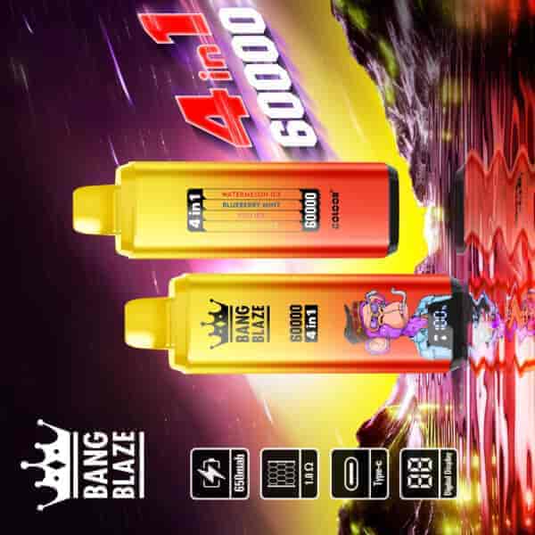 Werbebild für Bang Blaze 4-in-1-Vape-Geräte mit zwei farbenfrohen Vape-Pens, Geschmacksoptionen und Produkt-Highlights wie 60.000 Züge, 6500-mAh-Akku, 1.0Ω-Spule, Typ-C-Aufladung und Digitalanzeige vor einem lebendigen, kosmischen Landschaftshintergrund.