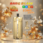 Werbebild für den Bang Blaze E-Shisha-Kopf mit einem goldfarbenen Einweg-Verdampfer mit der Aufschrift „Blueberry Ice“, umgeben von dekorativen Blumen, Produktspezifikationen und fettem Text, der 42.000 Züge hervorhebt.