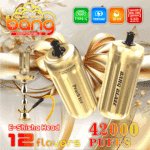 Werbebild für Bang Einweg-E-Shisha-Köpfe in Gold mit den Geschmacksrichtungen Peach Ice und Bang Blaze, das Funktionen wie 42.000 Züge, Typ-C-Aufladung, 1000-mAh-Akku, 30 ml Fassungsvermögen, Dual-Core-Mesh-Spule und 12 verfügbare Geschmacksrichtungen hervorhebt.