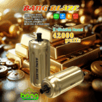 Werbebild mit goldfarbenen Bang Blaze-Einweg-Vaporizern vor gestapelten Goldbarren, die Funktionen wie 42.000 Züge, 30 ml Flüssigkeitskapazität, 1000-mAh-Akku und Mesh-Coil-Technologie hervorheben.
