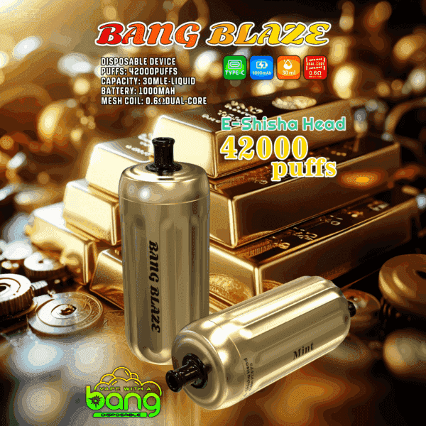Werbebild mit goldfarbenen Bang Blaze-Einweg-Vaporizern vor gestapelten Goldbarren, die Funktionen wie 42.000 Züge, 30 ml Flüssigkeitskapazität, 1000-mAh-Akku und Mesh-Coil-Technologie hervorheben.