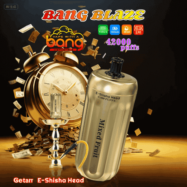 Werbebild für Bang Blaze Vape mit einem goldenen Einweg-E-Shisha-Gerät mit der Aufschrift 'Mixed Fruit' und '42000 Puffs', einem Wecker, verstreutem Geld und Symbolen für Produktmerkmale vor dunklem Hintergrund.