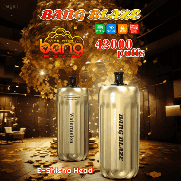 Werbebild des BANG BLAZE Einweg-Vaporizers im goldenen Design mit wichtigen Highlights wie 42.000 Zügen, Typ-C-Aufladung, 1000-mAh-Akku, 30 ml E-Liquid, Wassermelonengeschmack und E-Shisha-Kopf, vor einem luxuriösen Interieur mit einem goldenen Baum und verstreuten goldenen Blättern.