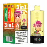 Bang King-Vape-Produktverpackung mit einem Cartoon-Affen mit rosa Kappe, Werbung für drei Geschmacksrichtungen (Erdbeer-Pomp, Erdbeer-Red Bull, Beeren-Limonade) mit Nikotinwarnung und farbenfrohen Grafiken.