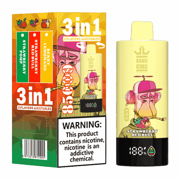 Bang King-Vape-Produktverpackung mit einem Cartoon-Affen mit rosa Kappe, Werbung für drei Geschmacksrichtungen (Erdbeer-Pomp, Erdbeer-Red Bull, Beeren-Limonade) mit Nikotinwarnung und farbenfrohen Grafiken.