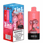 Bang King Vapes 3-in-1-Einweg-Vape-Gerät und Verpackung mit einem Cartoon-Affen, der einen Vape hält, Erdbeer-Wassermelonen-Geschmack und einem Nikotin-Warnschild.