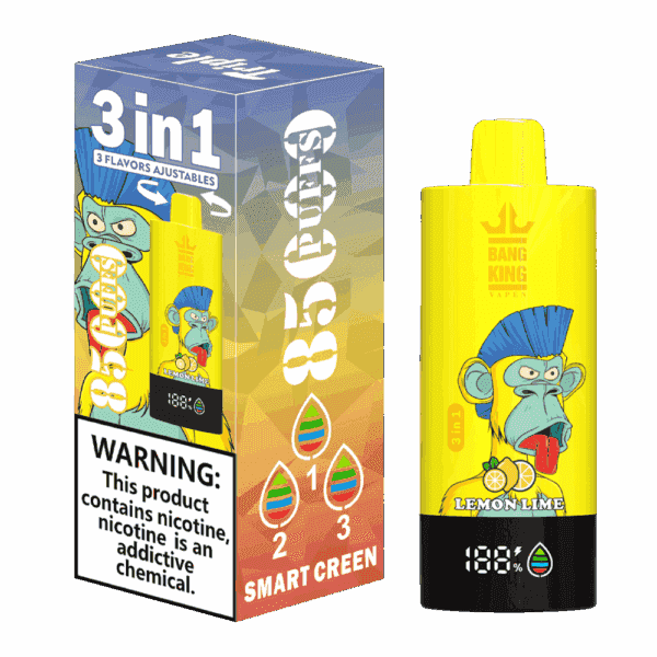 Bang King 3-in-1-Vape-Gerät und Verpackung mit einem Cartoon-blauen Affen mit Zitrone und Limette, gekennzeichnet mit 8500 Zügen und einem Nikotin-Warnschild.
