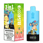 Bang King Pineapple Ice Einweg-Vape-Gerät und Verpackung mit einem Cartoon-Affen mit Irokesenschnitt, buntem geometrischem Hintergrund, '3-in-1'-Geschmacksrichtungen, '8500 Puffs' und einem Nikotin-Warnschild.