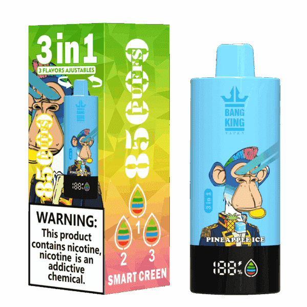 Bang King Pineapple Ice Einweg-Vape-Gerät und Verpackung mit einem Cartoon-Affen mit Irokesenschnitt, buntem geometrischem Hintergrund, '3-in-1'-Geschmacksrichtungen, '8500 Puffs' und einem Nikotin-Warnschild.