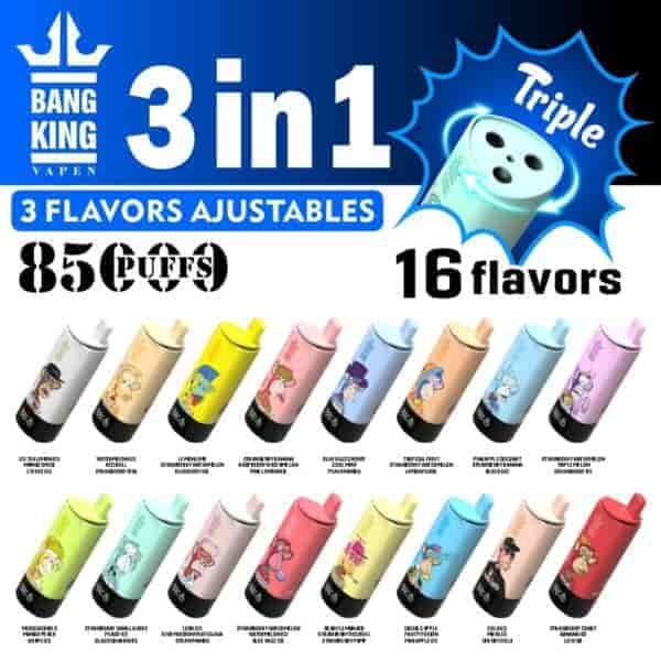 Werbebild für Bang King Vapen Einweg-Vape mit drei Geschmacksrichtungen, mit 16 verschiedenen Geschmacksvarianten und Werbung für 8500 Züge pro Gerät mit einstellbaren 3-in-1-Geschmacksrichtungen.