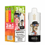 Bang King Vapen 3-in-1-Vape-Verpackung und -Gerät mit einem Comic-Affen mit Mütze, den Geschmacksrichtungen Mango auf Eis, Litschi-Eis und Eistee-Zitronen-Eis sowie einem Nikotin-Warnhinweis.