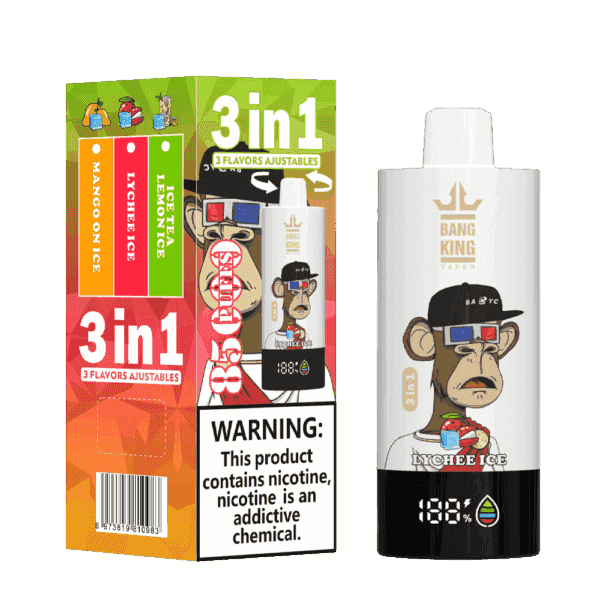 Bang King Vapen 3-in-1-Vape-Verpackung und -Gerät mit einem Comic-Affen mit Mütze, den Geschmacksrichtungen Mango auf Eis, Litschi-Eis und Eistee-Zitronen-Eis sowie einem Nikotin-Warnhinweis.