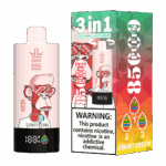Bang King Vapen Lush Ice Vape-Gerät und Verpackung mit einem Cartoon-Affen mit Sonnenbrille, einem auffälligen 3-in-1-Etikett mit einstellbaren Geschmacksrichtungen und einer Nikotinwarnung.