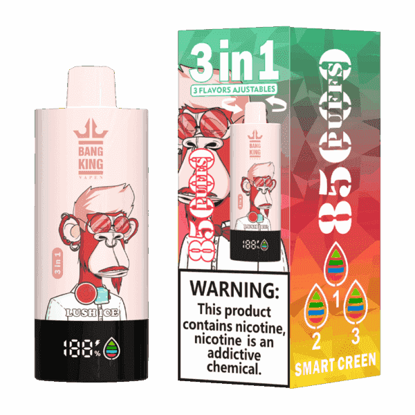Bang King Vapen Lush Ice Vape-Gerät und Verpackung mit einem Cartoon-Affen mit Sonnenbrille, einem auffälligen 3-in-1-Etikett mit einstellbaren Geschmacksrichtungen und einer Nikotinwarnung.