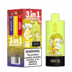 Bang King 3-in-1-Einweg-Vape-Verpackung und -Gerät mit den Geschmacksrichtungen Traubeneis, Mango-Pfirsich und gemischte Beeren, mit Cartoon-Affengrafik und Nikotin-Warnhinweis.