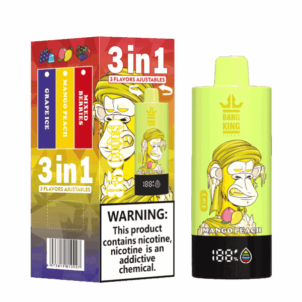 Bang King 3-in-1-Einweg-Vape-Verpackung und -Gerät mit den Geschmacksrichtungen Traubeneis, Mango-Pfirsich und gemischte Beeren, mit Cartoon-Affengrafik und Nikotin-Warnhinweis.