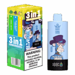 Bang King 3-in-1-Vape-Gerät und Verpackung mit einem Cartoon-Affen mit lila Hut, hervorgehobenem Blue Razz Cherry-Geschmack und einem Nikotin-Warnhinweis auf der Verpackung.