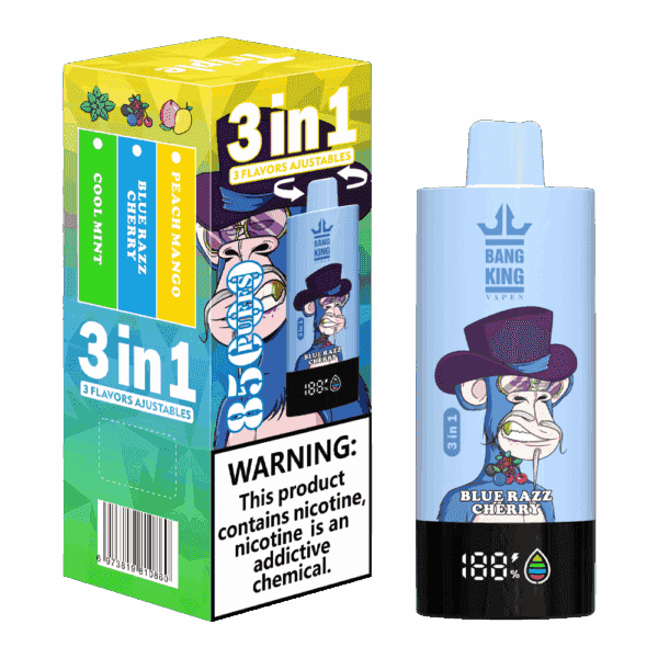 Bang King 3-in-1-Vape-Gerät und Verpackung mit einem Cartoon-Affen mit lila Hut, hervorgehobenem Blue Razz Cherry-Geschmack und einem Nikotin-Warnhinweis auf der Verpackung.