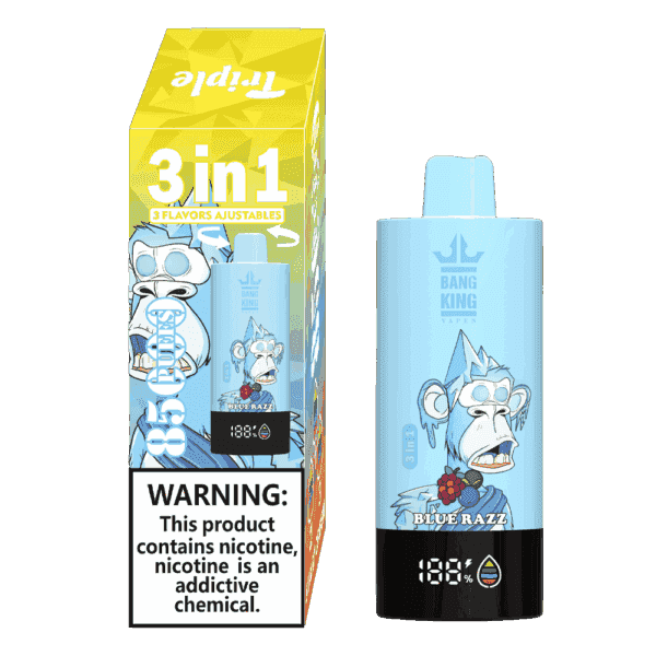 Bang King Vapen Einweg-Vape-Gerät und Verpackung mit einem Cartoon-blauen Affen, der Geschmacksrichtung "Blue Razz", einem 3-in-1-Geschmacksetikett und einer Warnung vor Nikotinsucht.