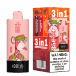 Bang King Vapen 3-in-1-Einweg-Vape-Verpackung und -Gerät mit einem Comic-Affen mit Stirnband, den Geschmacksrichtungen rosa Limonade, Himbeer-Wassermelone und Erdbeer-Banane sowie einem Nikotin-Warnschild.