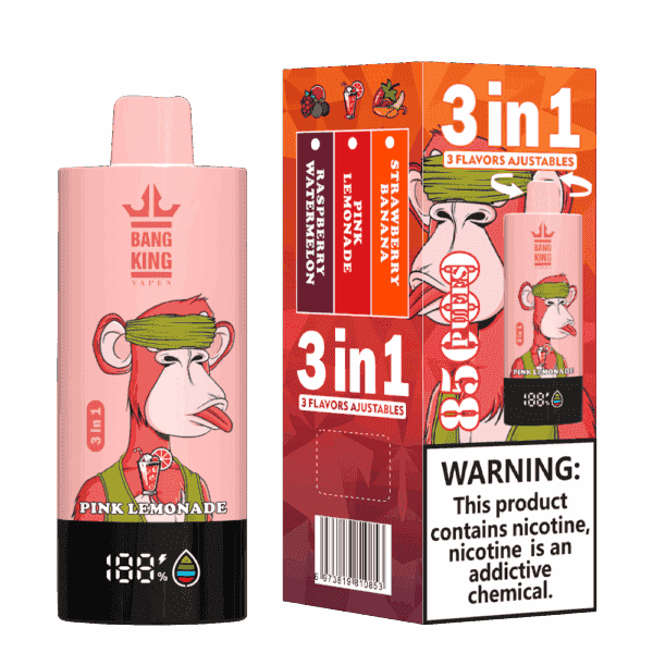Bang King Vapen 3-in-1-Einweg-Vape-Verpackung und -Gerät mit einem Comic-Affen mit Stirnband, den Geschmacksrichtungen rosa Limonade, Himbeer-Wassermelone und Erdbeer-Banane sowie einem Nikotin-Warnschild.