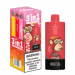 Bang King 3-in-1-Vape-Produktverpackung und -Gerät mit einem Cartoon-Affen in einem roten Blumenhemd, mit den Geschmacksrichtungen Banana Ice, Love 66 und Strawberry Donut sowie einem Warnhinweis, dass das Produkt Nikotin enthält.