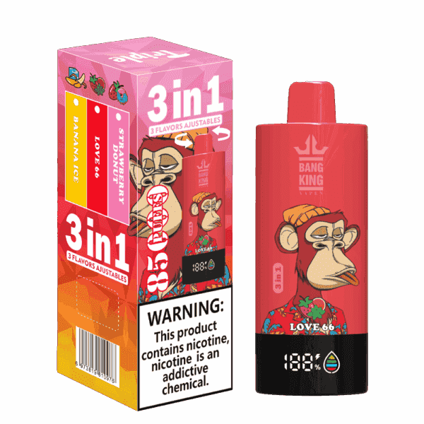 Bang King 3-in-1-Vape-Produktverpackung und -Gerät mit einem Cartoon-Affen in einem roten Blumenhemd, mit den Geschmacksrichtungen Banana Ice, Love 66 und Strawberry Donut sowie einem Warnhinweis, dass das Produkt Nikotin enthält.