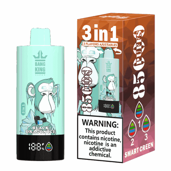 Bang King Vapen Black Dragonice 3-in-1-Einweg-Vape-Gerät und Verpackung mit Cartoon-Gorilla-Grafik und Nikotin-Warnhinweis.