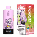 Bang King Vapen Triple Melon Einweg-Vape mit einer Cartoon-Gorilla-Illustration auf einem rosa Gerät, neben der farbenfrohen Verpackung mit Werbung für einstellbare 3-in-1-Geschmacksrichtungen, 8500 Züge und einem Nikotin-Warnschild.