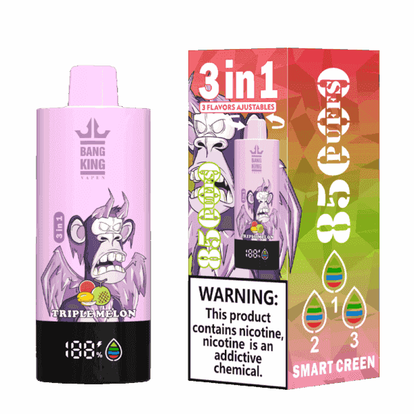 Bang King Vapen Triple Melon Einweg-Vape mit einer Cartoon-Gorilla-Illustration auf einem rosa Gerät, neben der farbenfrohen Verpackung mit Werbung für einstellbare 3-in-1-Geschmacksrichtungen, 8500 Züge und einem Nikotin-Warnschild.