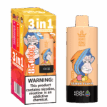 Bang King 3-in-1-Einweg-Vape-Verpackung und -Gerät mit Cartoon-Affengesicht, Zitronen- und Pfirsichfruchtgrafiken und den Geschmacksrichtungen reichhaltige Pitaya, Zitronenpfirsich und Wassermelone; großes Nikotinwarnschild auf der Verpackung.