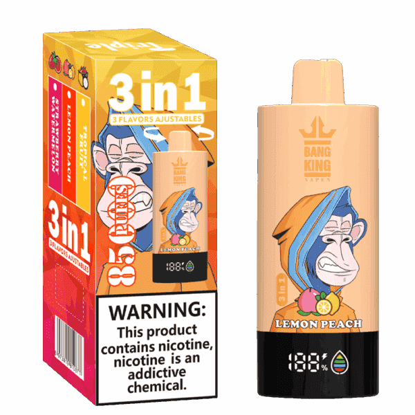 Bang King 3-in-1-Einweg-Vape-Verpackung und -Gerät mit Cartoon-Affengesicht, Zitronen- und Pfirsichfruchtgrafiken und den Geschmacksrichtungen reichhaltige Pitaya, Zitronenpfirsich und Wassermelone; großes Nikotinwarnschild auf der Verpackung.