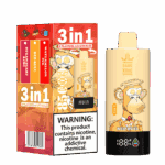 Bang King 3-in-1-Vape-Verpackung und -Gerät mit einem illustrierten Affen, den Geschmacksrichtungen Erdbeer-Kiwi, Red Bull und Wassermeloneneis sowie einem Nikotin-Warnschild.