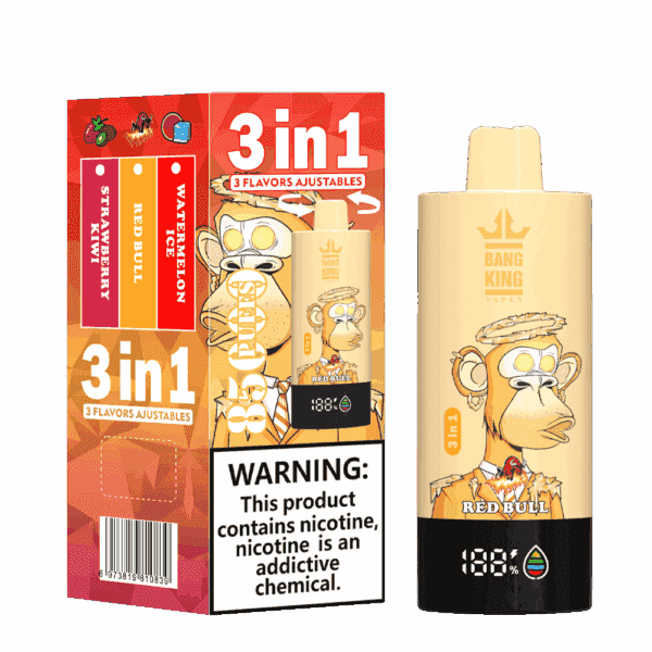 Bang King 3-in-1-Vape-Verpackung und -Gerät mit einem illustrierten Affen, den Geschmacksrichtungen Erdbeer-Kiwi, Red Bull und Wassermeloneneis sowie einem Nikotin-Warnschild.