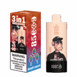 Bang King Vapen 3-in-1-Vape-Gerät und Verpackung mit einem Cartoon-Affen mit Sonnenbrille und einem Getränk, beschriftet mit "85 Puffs", Geschmackssymbolen, Nikotinwarnung und "Cherry Cola"-Geschmack.
