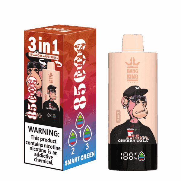 Bang King Vapen 3-in-1-Vape-Gerät und Verpackung mit einem Cartoon-Affen mit Sonnenbrille und einem Getränk, beschriftet mit "85 Puffs", Geschmackssymbolen, Nikotinwarnung und "Cherry Cola"-Geschmack.