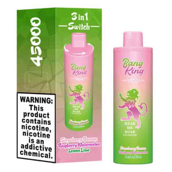 Vaporizador descartável Bang King Triple 3 em 1 em embalagem rosa e verde com um gráfico de leão, com sabores listados como morango, banana, framboesa, melancia e limão, e um rótulo de advertência de nicotina.