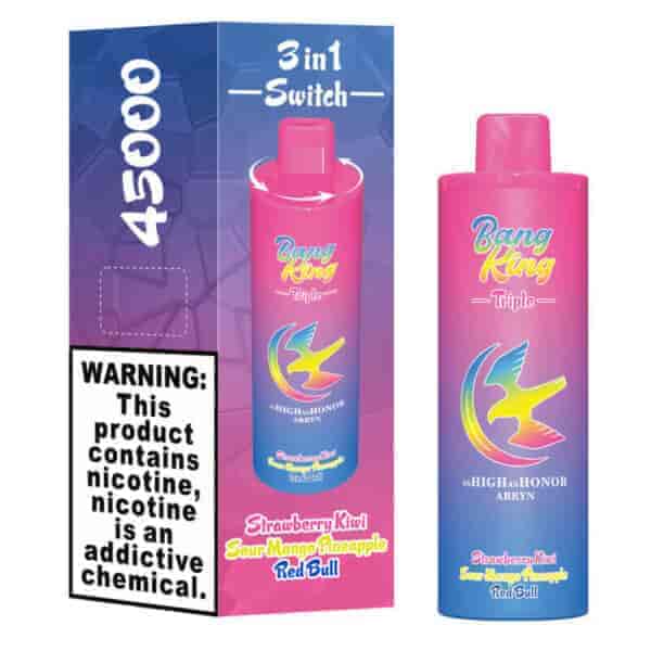 Embalagem colorida e dispositivo para vaporizador descartável Bang King Triple 3 em 1 Switch com design gradiente rosa e azul, apresentando sabores Morango Kiwi, Sour Mango Abacaxi e Red Bull, junto com um rótulo de advertência de nicotina proeminente.