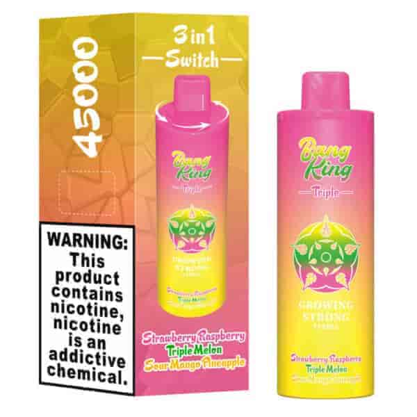 Pacote e dispositivo de vape descartável Bang King Triple de cores vivas com gradiente rosa a amarelo, apresentando sabores Morango Framboesa, Melão Triplo e Abacaxi Sour Mango, incluindo um grande rótulo de advertência de nicotina.