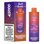 Embalagem e dispositivo de vape descartável Bang King Triple em cores gradientes laranja e roxo, apresentando sabores Morango Vanilla Coke, Blueberry Raspberry e Lemon Lime, com um gráfico de peixe e um aviso proeminente sobre dependência de nicotina.