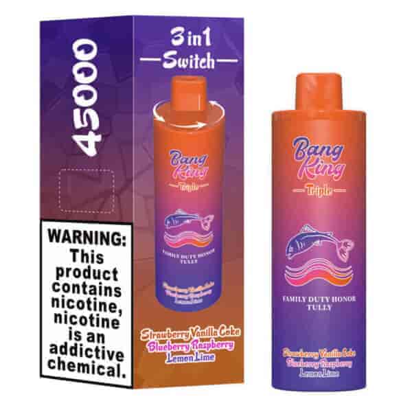 Embalagem e dispositivo de vape descartável Bang King Triple em cores gradientes laranja e roxo, apresentando sabores Morango Vanilla Coke, Blueberry Raspberry e Lemon Lime, com um gráfico de peixe e um aviso proeminente sobre dependência de nicotina.