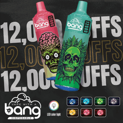 Två illustrerade vapeapparater för engångsbruk med djärv skallegrafik och texten 'Vape With a Bang Disposable', '12 000 puffs' och 'LED color light', med flera färgalternativ för lysdioden längst ner.