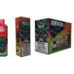 Embalagem de vape descartável Bang Sour Apple Raspberry com uma ilustração colorida de demônio verde e vermelho e avisos proeminentes sobre o vício em nicotina.