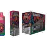 Vape descartável Bang sabor Melancia Ice com design rosa e verde apresentando uma ilustração colorida de um touro, mostrado como um único vape, sua embalagem e uma caixa maior do produto com rótulos de advertência sobre a nicotina.